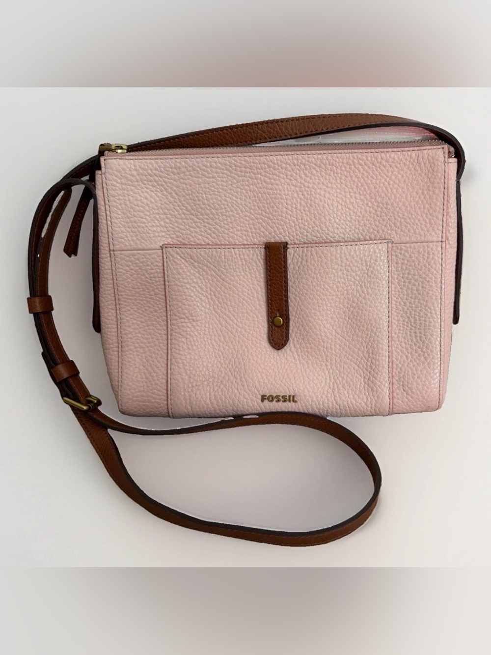 Fossil Gemma Pale Pink Pebbled Leather Brown Strap Crossbody Bag Purse